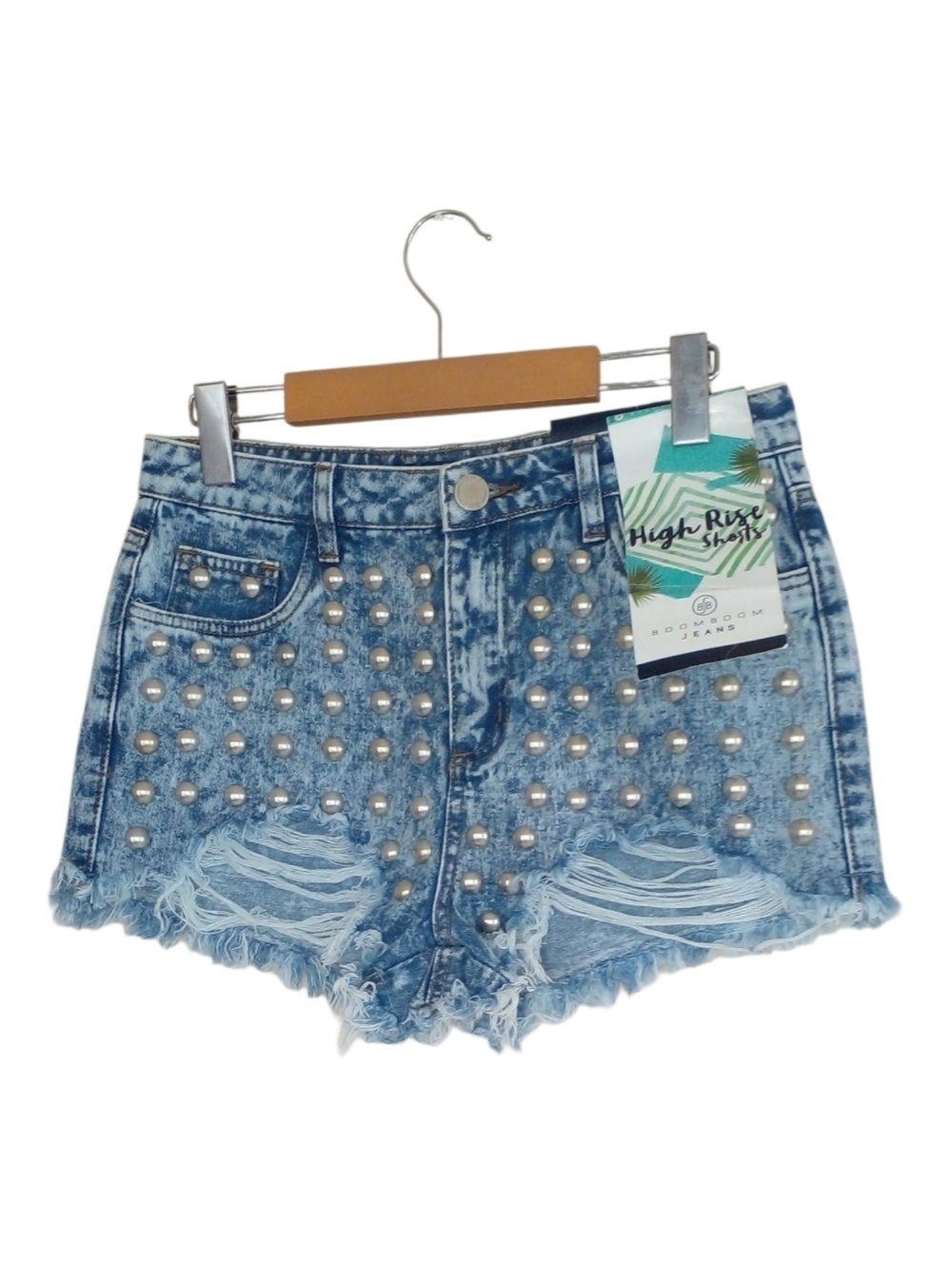 BOOMBOOM JEANS High Rise Distressed Blue Acid Wash Studded Casual Jean Shorts